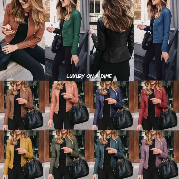 Chic Moto Vegan Leather Jacket Zip-up Sleek Snap Mock Neck Sleek Trendy Green