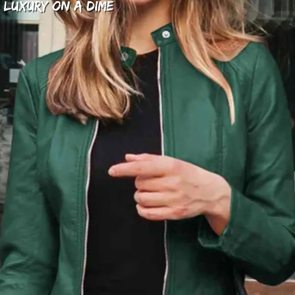 Chic Moto Vegan Leather Jacket Zip-up Sleek Snap Mock Neck Sleek Trendy Green