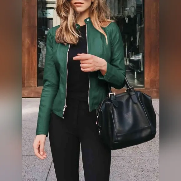 Chic Moto Vegan Leather Jacket Zip-up Sleek Snap Mock Neck Sleek Trendy Green