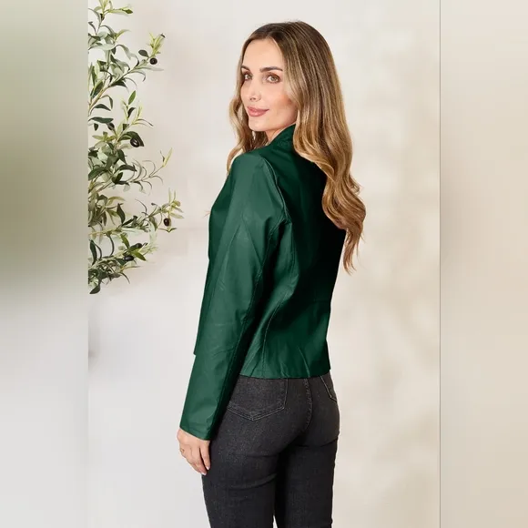 Chic Moto Vegan Leather Jacket Zip-up Sleek Snap Mock Neck Sleek Trendy Green