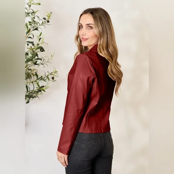 Chic Moto Vegan Leather Jacket Zip-up Sleek Snap Mock Neck Sleek Trendy Red Wine