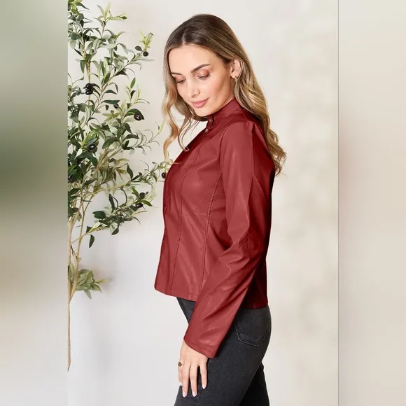 Chic Moto Vegan Leather Jacket Zip-up Sleek Snap Mock Neck Sleek Trendy Red Wine