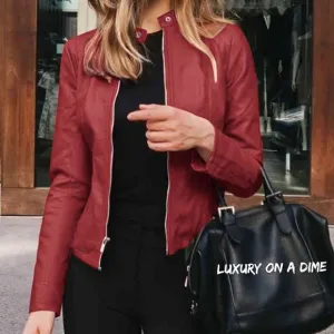 Chic Moto Vegan Leather Jacket Zip-up Sleek Snap Mock Neck Sleek Trendy Red Wine