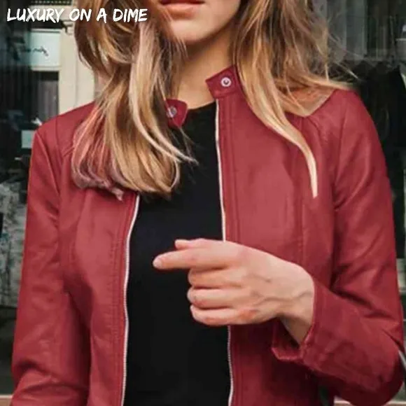 Chic Moto Vegan Leather Jacket Zip-up Sleek Snap Mock Neck Sleek Trendy Red Wine