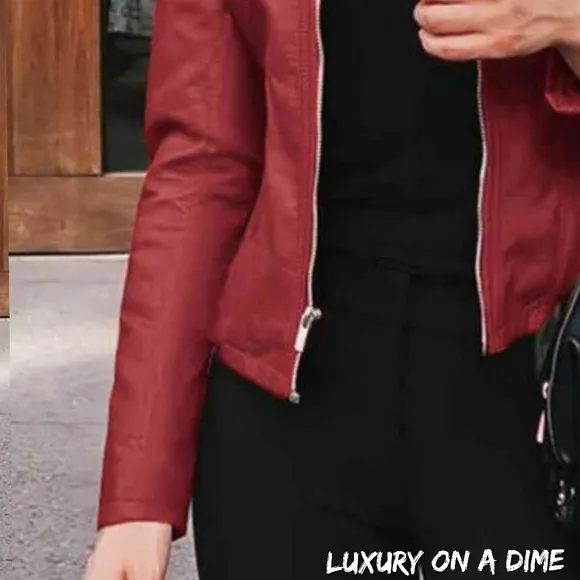 Chic Moto Vegan Leather Jacket Zip-up Sleek Snap Mock Neck Sleek Trendy Red Wine