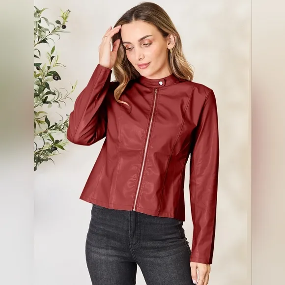 Chic Moto Vegan Leather Jacket Zip-up Sleek Snap Mock Neck Sleek Trendy Red Wine