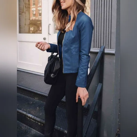 Chic Moto Vegan Leather Jacket Zip-up Sleek Snap Mock Neck Trendy Peacock Blue