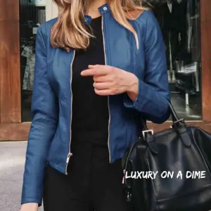 Chic Moto Vegan Leather Jacket Zip-up Sleek Snap Mock Neck Trendy Peacock Blue