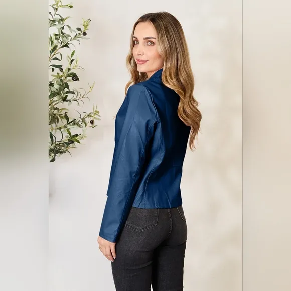 Chic Moto Vegan Leather Jacket Zip-up Sleek Snap Mock Neck Trendy Peacock Blue
