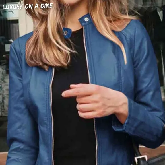 Chic Moto Vegan Leather Jacket Zip-up Sleek Snap Mock Neck Trendy Peacock Blue
