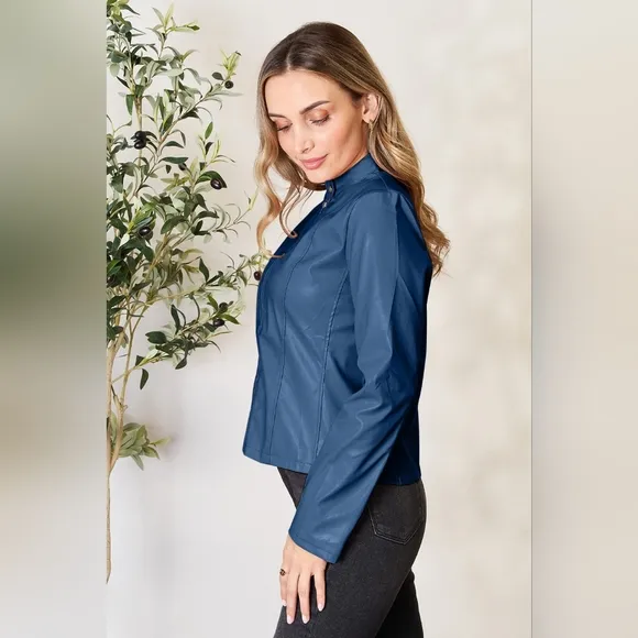 Chic Moto Vegan Leather Jacket Zip-up Sleek Snap Mock Neck Trendy Peacock Blue