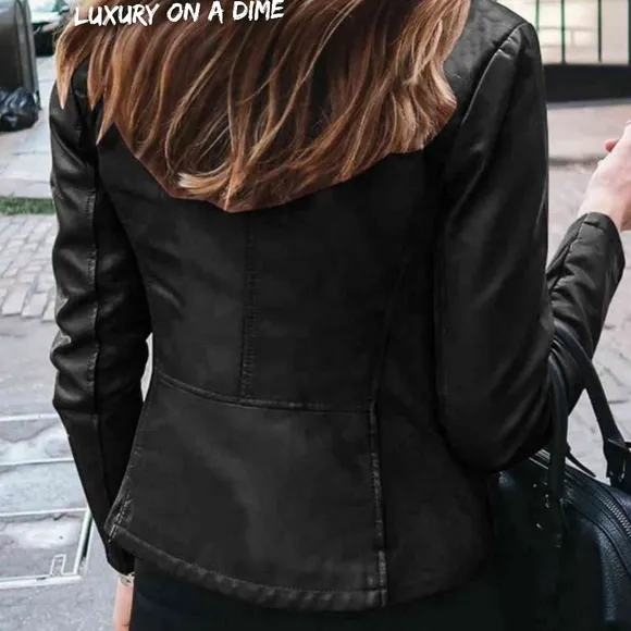 Chic Moto Vegan Leather Jacket Zip-up Snap Mock Neck Lightweight Classic Black