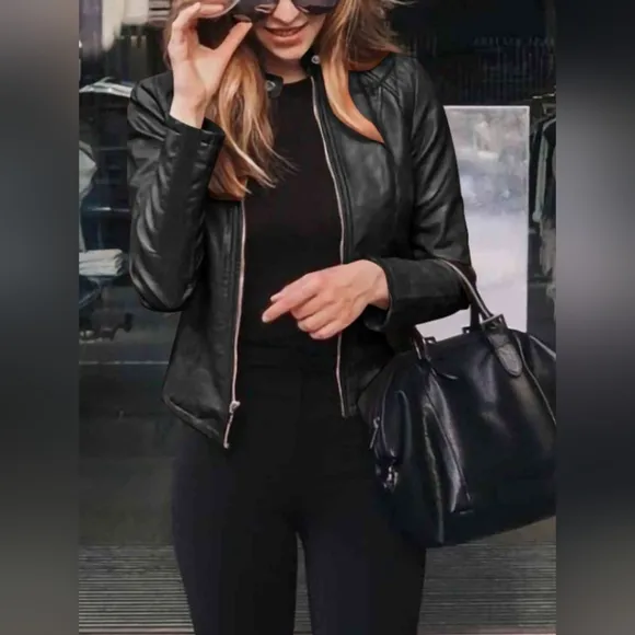 Chic Moto Vegan Leather Jacket Zip-up Snap Mock Neck Lightweight Classic Black