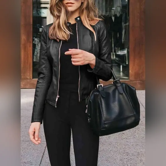 Chic Moto Vegan Leather Jacket Zip-up Snap Mock Neck Lightweight Classic Black