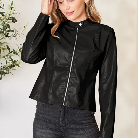 Chic Moto Vegan Leather Jacket Zip-up Snap Mock Neck Lightweight Classic Black