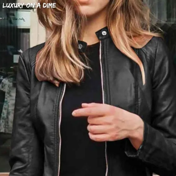Chic Moto Vegan Leather Jacket Zip-up Snap Mock Neck Lightweight Classic Black