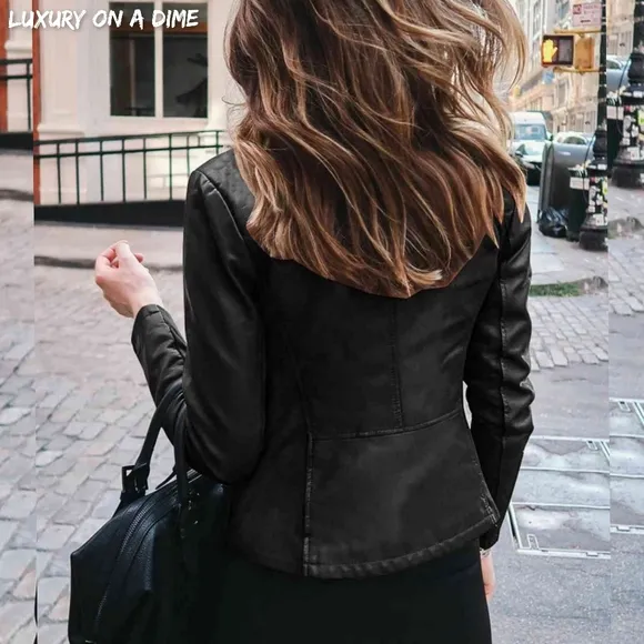 Chic Moto Vegan Leather Jacket Zip-up Snap Mock Neck Lightweight Classic Black