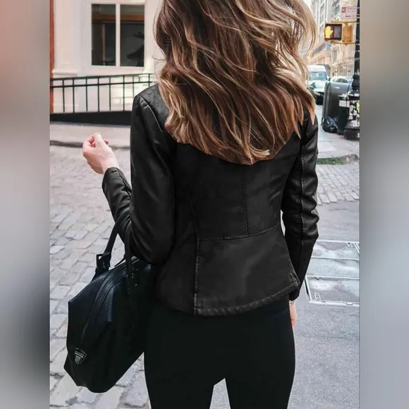 Chic Moto Vegan Leather Jacket Zip-up Snap Mock Neck Lightweight Classic Black