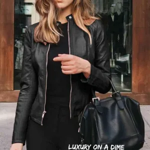 Chic Moto Vegan Leather Jacket Zip-up Snap Mock Neck Lightweight Classic Black