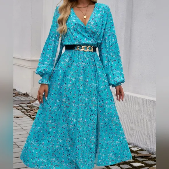 Chic Split Printed Surplice Midi Dress