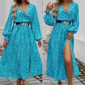 Chic Split Printed Surplice Midi Dress