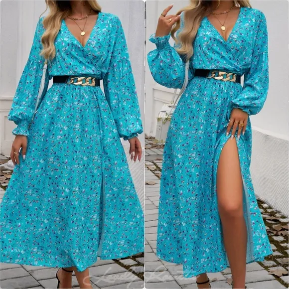 Chic Split Printed Surplice Midi Dress
