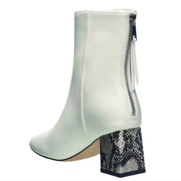 Chic White Ankle Boots with Snakeskin Block Heel