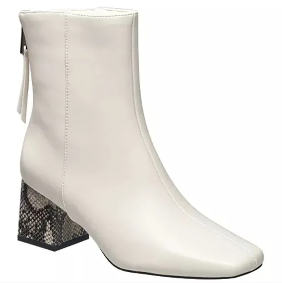 Chic White Ankle Boots with Snakeskin Block Heel