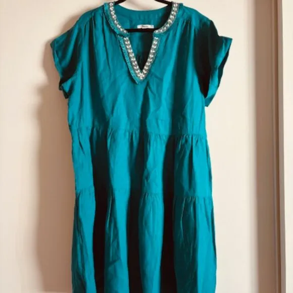 CHICO'S Linen Embellished Cap Sleeve Dress with pockets size 18