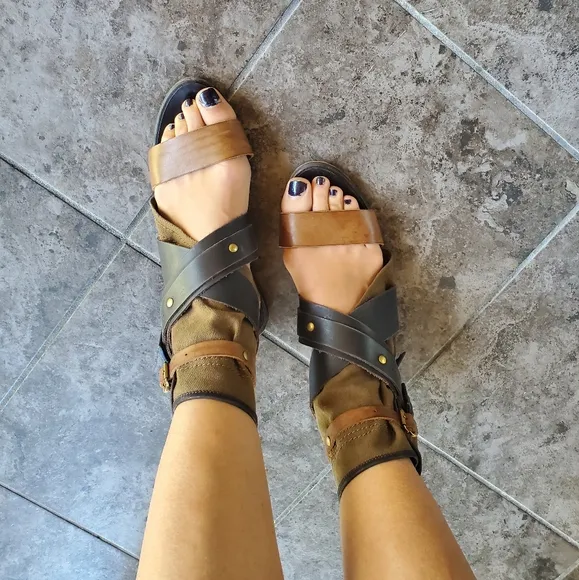 Chloé strappy gladiator sandals calf skin leather and canvas boho size 3…