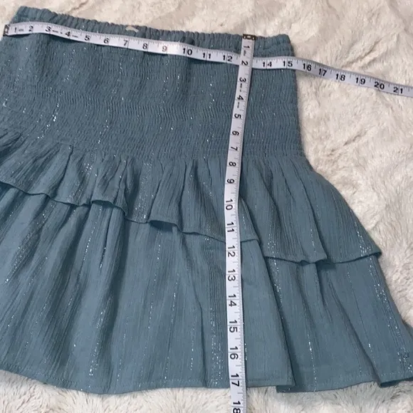 Chloe Oliver 2 piece  ruched ruffle boho aqua blue metallic silver skirt size M