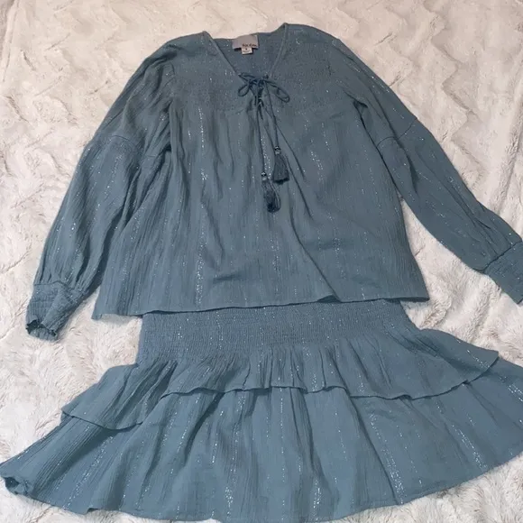 Chloe Oliver 2 piece  ruched ruffle boho aqua blue metallic silver skirt size M