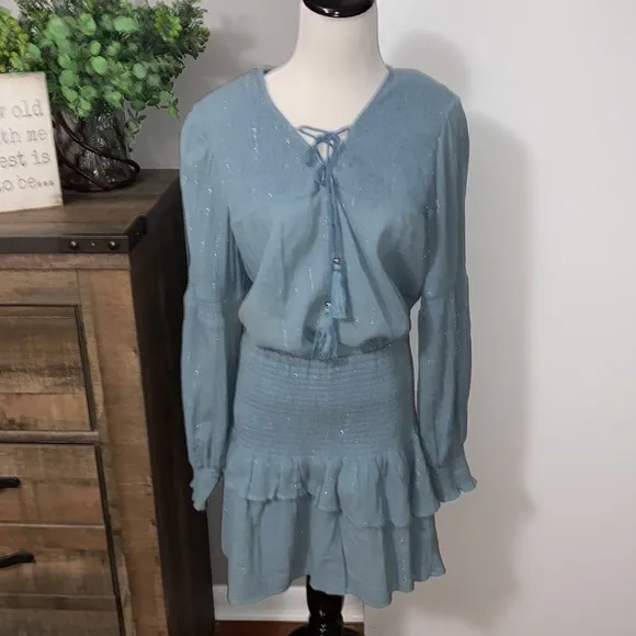 Chloe Oliver 2 piece  ruched ruffle boho aqua blue metallic silver skirt size M