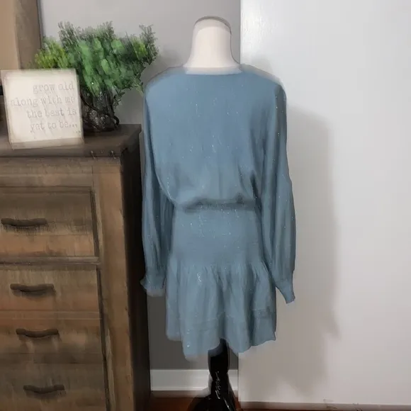 Chloe Oliver 2 piece  ruched ruffle boho aqua blue metallic silver skirt size M