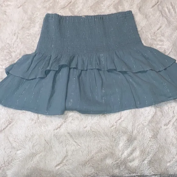 Chloe Oliver 2 piece  ruched ruffle boho aqua blue metallic silver skirt size M