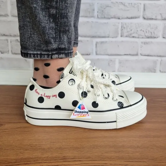 ❤️❤️Chuck Taylor All Star Lift Platform Polka Dots 7 Women Shoes White A10689C