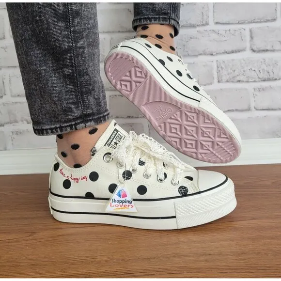 ❤️❤️Chuck Taylor All Star Lift Platform Polka Dots 7 Women Shoes White A10689C
