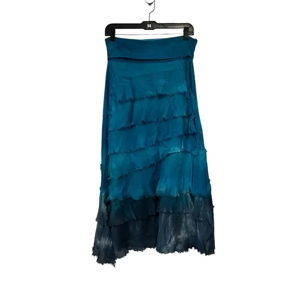 Cindi Buck Design Blue Tie Dye Cotton/Silk Blend Boho Tiered Skirt.