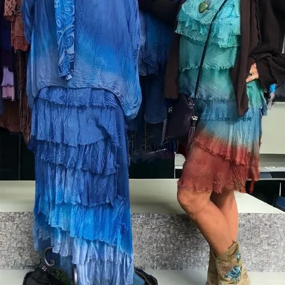 Cindi Buck Design Blue Tie Dye Cotton/Silk Blend Boho Tiered Skirt.