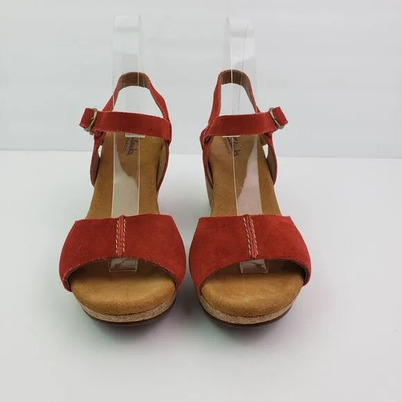 Clarks Elements Womens Size 8 Red Suede Cork 3.25&quot; Wedge Platform Sandals 85605