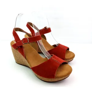 Clarks Elements Womens Size 8 Red Suede Cork 3.25&quot; Wedge Platform Sandals 85605