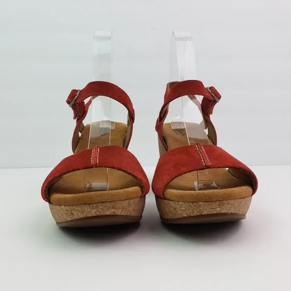 Clarks Elements Womens Size 8 Red Suede Cork 3.25&quot; Wedge Platform Sandals 85605
