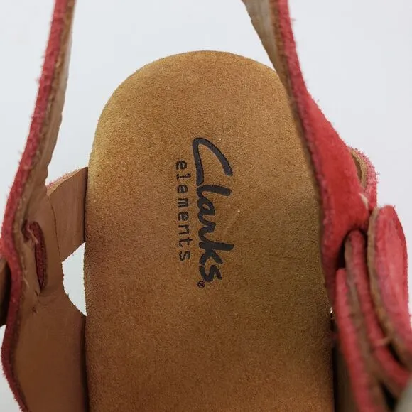 Clarks Elements Womens Size 8 Red Suede Cork 3.25&quot; Wedge Platform Sandals 85605