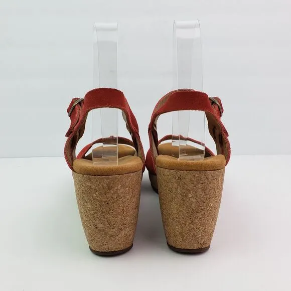 Clarks Elements Womens Size 8 Red Suede Cork 3.25&quot; Wedge Platform Sandals 85605