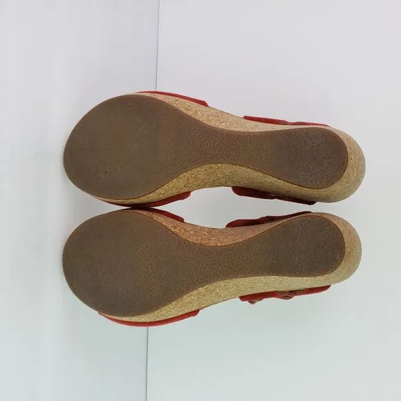 Clarks Elements Womens Size 8 Red Suede Cork 3.25&quot; Wedge Platform Sandals 85605