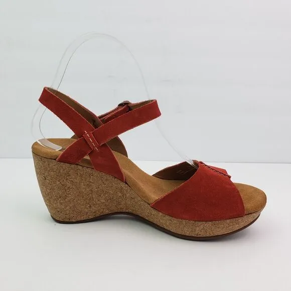Clarks Elements Womens Size 8 Red Suede Cork 3.25&quot; Wedge Platform Sandals 85605