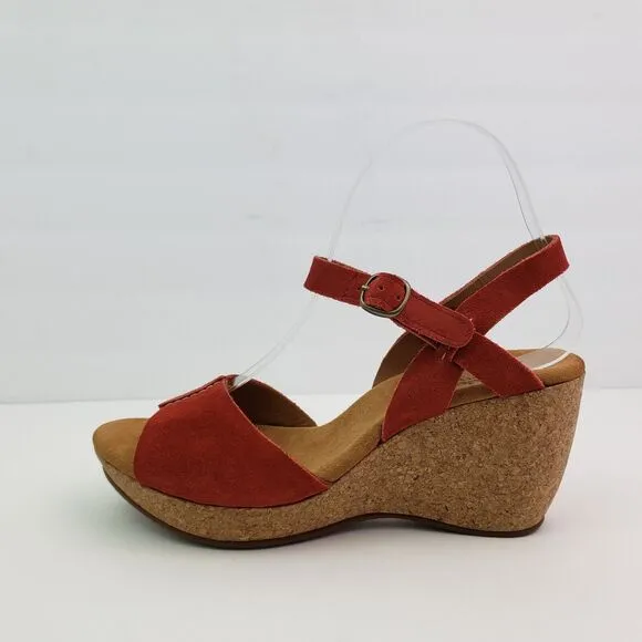 Clarks Elements Womens Size 8 Red Suede Cork 3.25&quot; Wedge Platform Sandals 85605