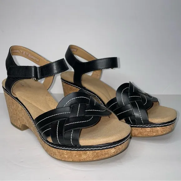 Clarks Giselle Coast Black Wedge Platform Sandals