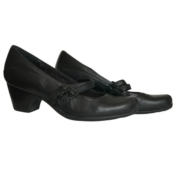 Clarks Leather Active Air Mary Jane Pumps with Double Straps - Size 6.5 - Black