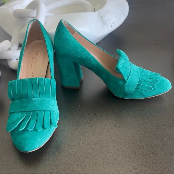 Club Monaco Teal Suede Fringe Heels - Size 37 1/2